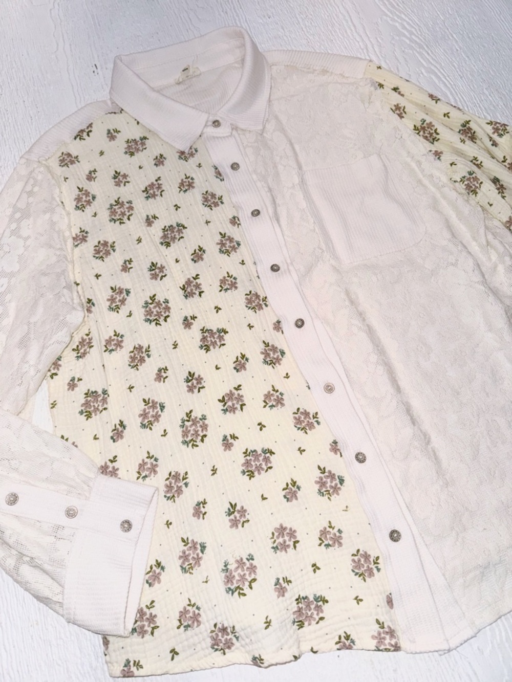 POL Romantic Floral Blouse Mixed Media Button Down Whimsical Spring Layering - Picture 5 of 11